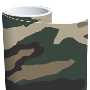 May include: A roll of camouflage vinyl with a green, brown and black pattern.