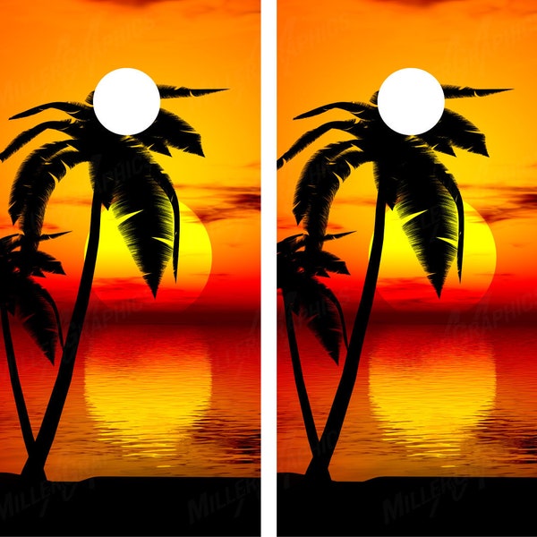 Beach Palm Trees #9 Tropical Sunset (Orange) Cornhole Board Decal Wrap Wraps