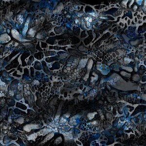 Pu&ograve; includere: Motivo di mimetizzazione astratto in uno schema di colori blu e grigio. Il motivo presenta una rete di forme interconnesse che ricordano un alveare o una ragnatela.