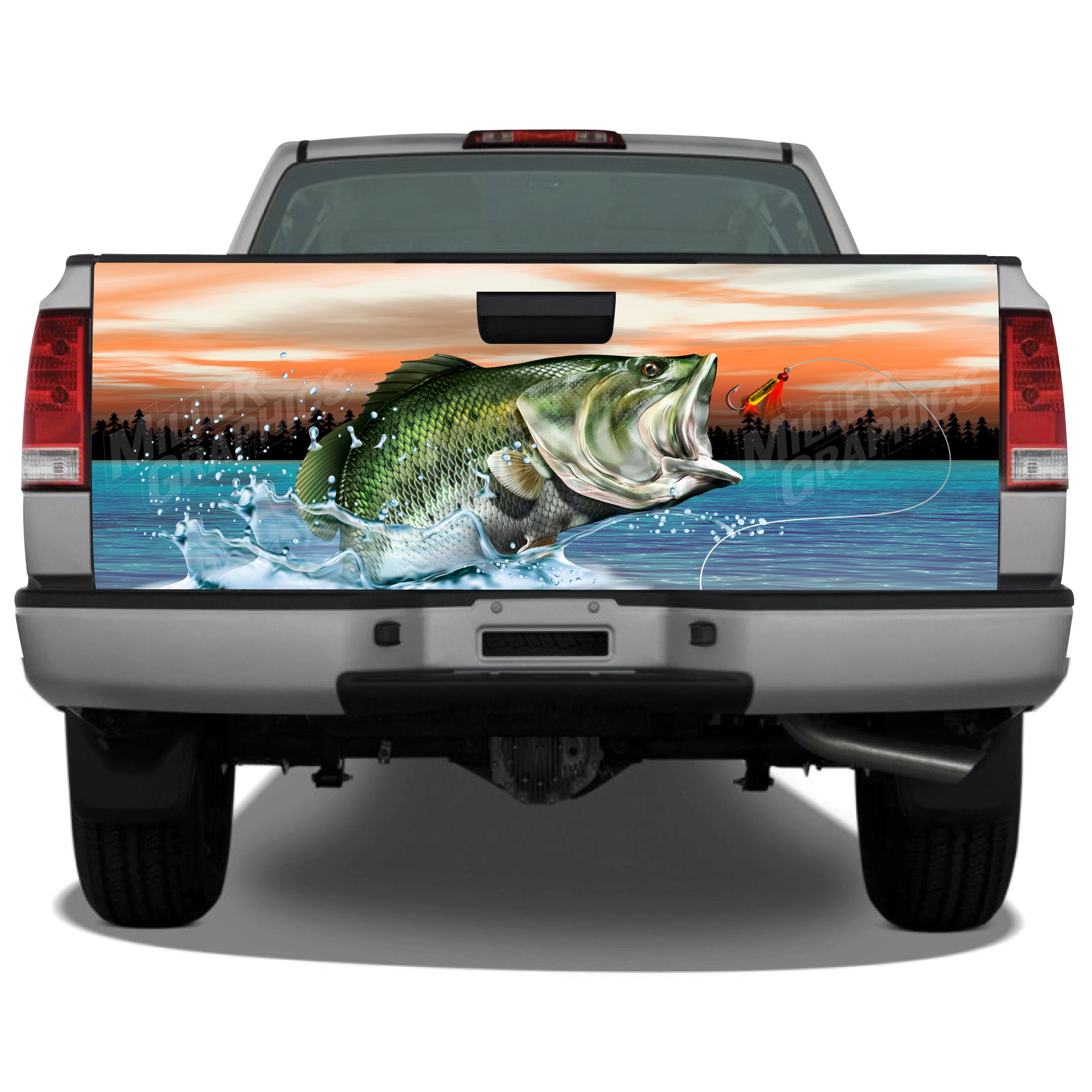 Bass Jumping Out of Water V2 Fishing Sunset Truck Tailgate Wrap
