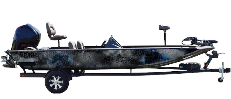 May include: A black and gray camouflage patterned fishing boat with a trailer. The boat has a black motor and two seats.