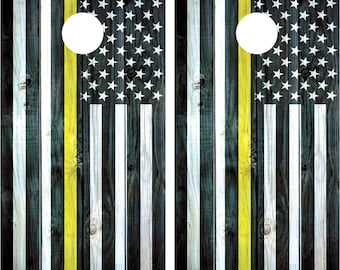 American Flag Thin Yellow Line Cornhole Wraps Decals Distressed Wood