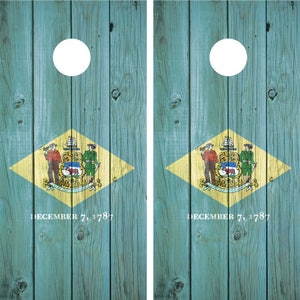 Delaware State Flag Distressed Wood Vintage Cornhole Board Decal Wrap Wraps