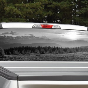Mountain Scene #8 Sunset Trees (Grayscale) Rear Window Graphic Decal for Truck SUV (Perforated)