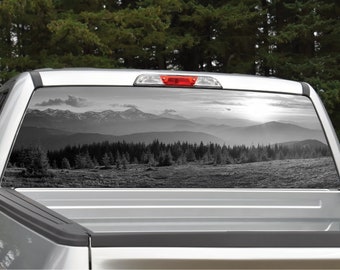 Mountain Scene #8 Sunset Trees (Grayscale) Rear Window Graphic Decal for Truck SUV (Perforated)