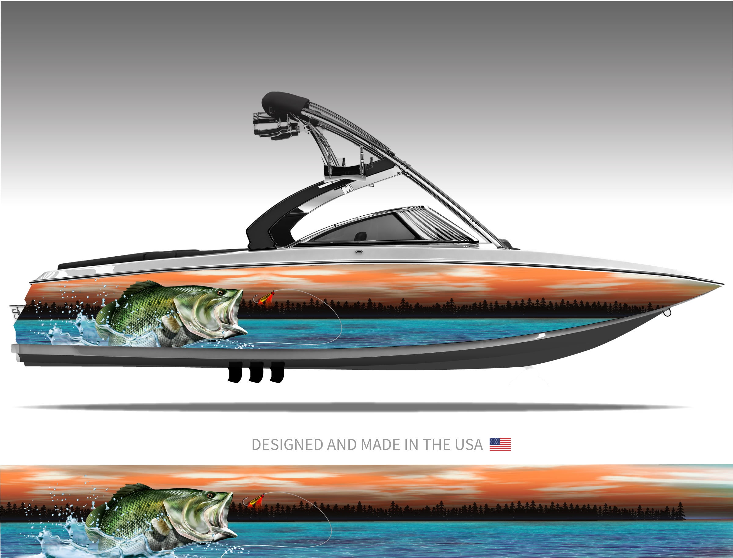 Bass Jumping Out of Water Boat Wrap Kit 3M Cast Vinyl - 15 Sizes Available