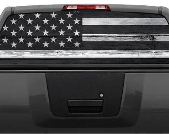 Vintage Black and White American Flag Distressed Wood Rear Window Graphic Decal (Perforated)