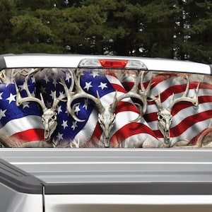 Buck Deer Skull American Flag Camo Obliteraton Rear Window Graphic Decal for Truck SUV(Perforated)