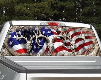 Buck Deer Skull American Flag Camo Obliteraton Rear Window Graphic Decal for Truck SUV(Perforated)