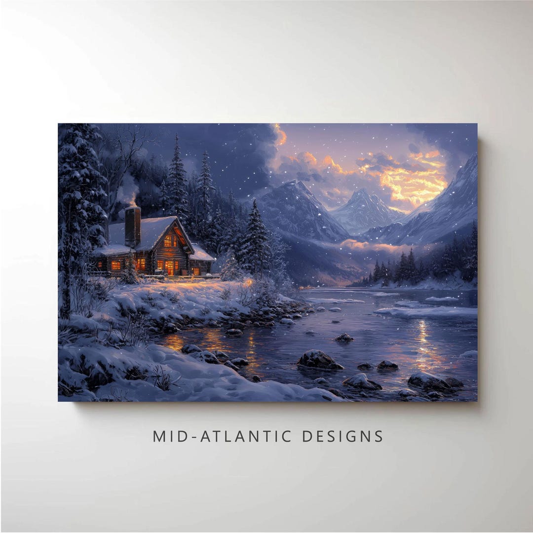 Mountain Cabin Canvas or Poster Print – Winter Landscape Wall Art ...