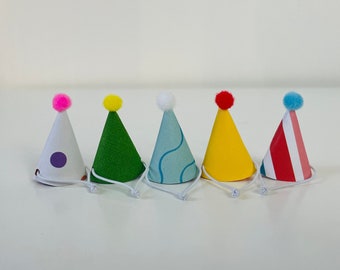 Set of TEN MINI party hats for animals, cupcake, cake topper or decor with elastic in primary colors