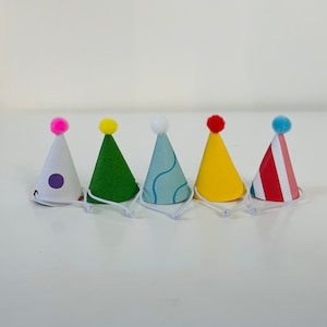 Set of TEN MINI party hats for animals, cupcake, cake topper or decor with elastic in primary colors