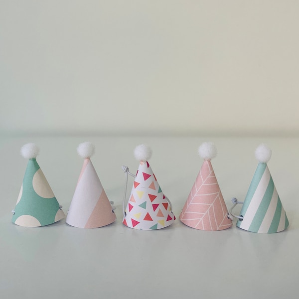 Set of TEN MINI party hats for animals, cupcake, cake topper or decor with elastic in pastel colors teal and pink for kids birthday party