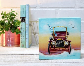 Vintage Car Beach Art Original Oil Painting Antique - Etsy