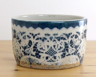 Handmade Ceramic Planter With A Blue Lace Pattern