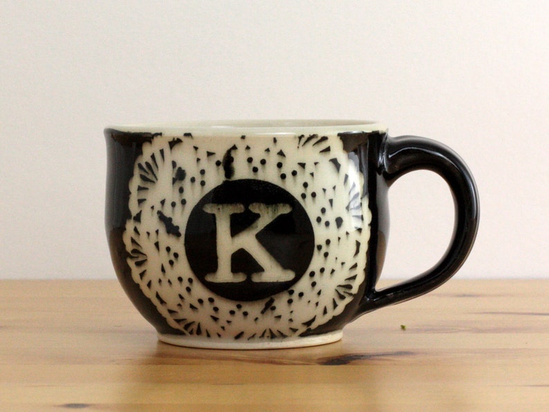 Handmade Monogram Mug, Black and White Lace Pottery, 12 ounces image 3