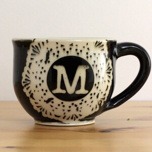 Handmade Monogram Mug, Black and White Lace Pottery, 12 ounces image 2