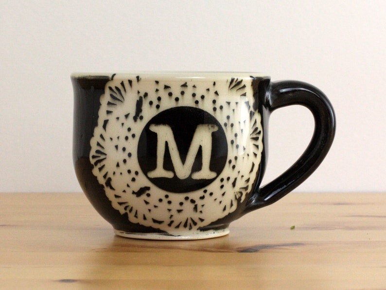 Handmade Monogram Mug, Black and White Lace Pottery, 12 ounces image 2