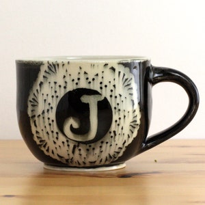Handmade Monogram Mug, Black and White Lace Pottery, 12 ounces image 4
