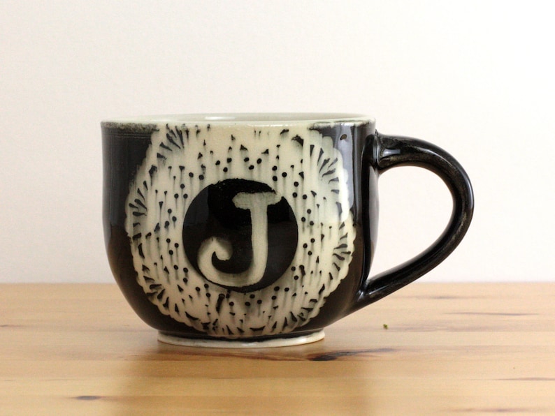 Handmade Monogram Mug, Black and White Lace Pottery, 12 ounces image 4