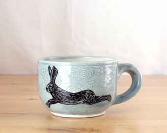 Handmade Ceramic Mug with Lace and Hare Design