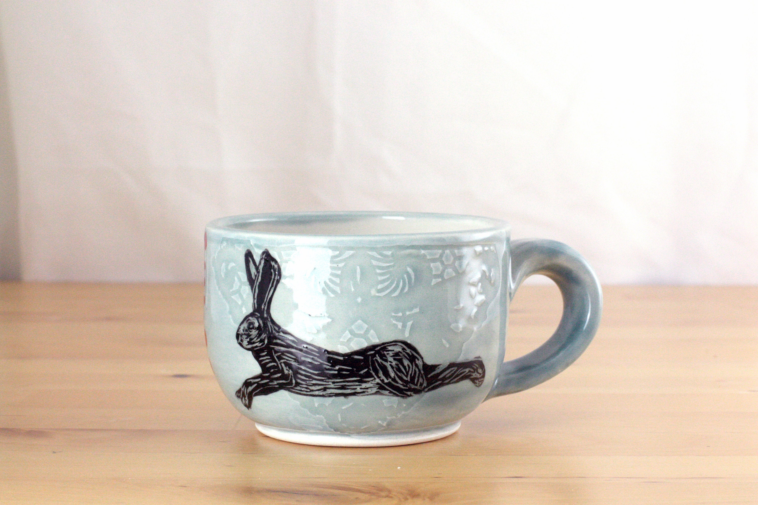 Handmade Ceramic Mug with Lace and Hare Design