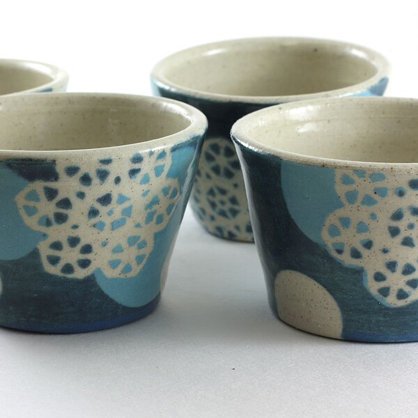 Handthrown Stackable Ramekins / Blue and White Stoneware / Set of Four