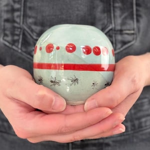 May include: A small, round ceramic vase with a light blue background. The vase is decorated with red dots and a red stripe. Small black ants are painted around the base of the vase. The vase is held in two hands.