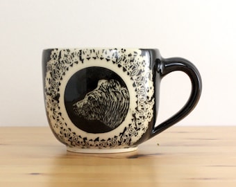 Wheel Thrown Stoneware Mug With Bear and Lace Design, 14 ounces, Handmade Pottery