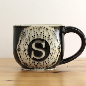 Handmade Monogram Mug, Black and White Lace Pottery, 12 ounces image 1