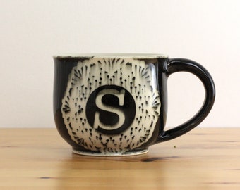 Handmade Monogram Mug, Black and White Lace Pottery, 12 ounces