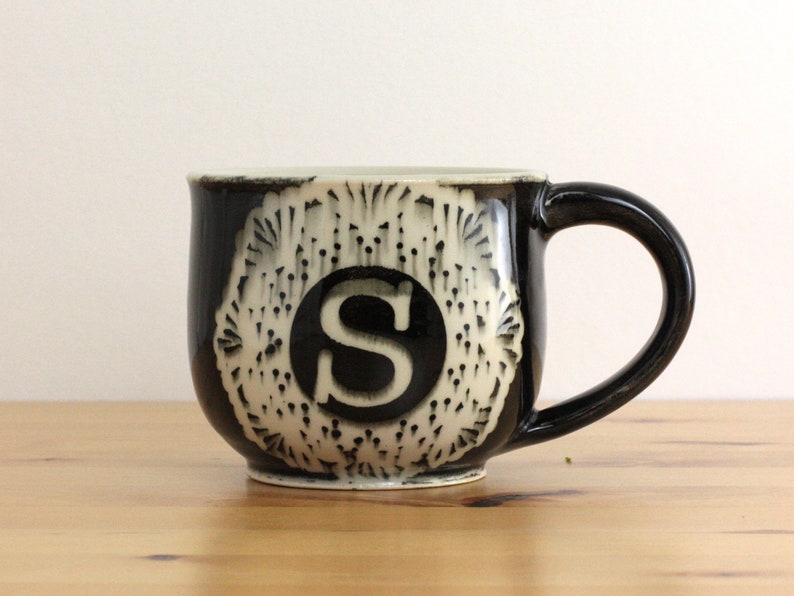 Handmade Monogram Mug, Black and White Lace Pottery, 12 ounces image 1