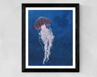 Kwallen PRINT - "Rosy Jellyfish", Rosey Jellyfish Art Print, onderwater oceaan dier schilderij