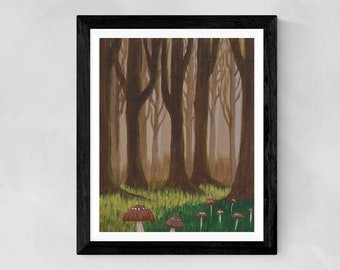 Nature PRINT - "Morning Mushrooms", Forest Mushroom Painting, Sunlight Through Trees Art Print