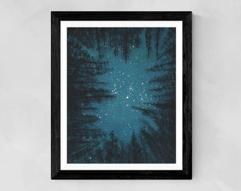 Nature PRINT - "Through the Trees", Stars in Sky Painting, Space Art Print