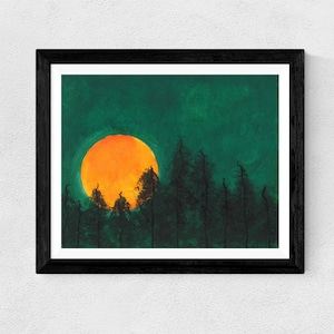 Nature PRINT - "Harvest Moon", Night Time Moon with Trees Art Print