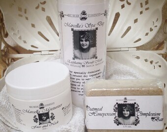 Marcella's Spa Day Trio -   1 Oz Moisturizer, 4oz Exfoliating Scrub/Mask, 5oz Oatmeal Honeycream Complexion Bar