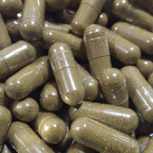 May include: A close-up image of a large pile of clear capsules filled with a brown powder. The capsules are arranged in a random pattern.
