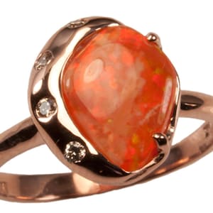 Mexican Fire Orange Opal, 14kt Rose Gold Diamond Ring handmade by Gevani Jewelry