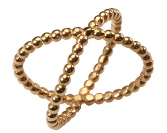 May include: A gold ring with a beaded design. The ring is made of two intertwined bands of beads.