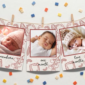 Può includere: Un'esposizione fotografica dei traguardi del bambino con tre foto incorniciate di neonati. Ogni foto è etichettata con l'età del bambino: neonato, un mese e due mesi. Le cornici sono decorate con un disegno rosso e appese con mollette.