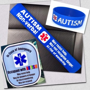 Autism Non-verbal 3 Piece Safety Kit Wristband Seat Belt Cover Window Decal