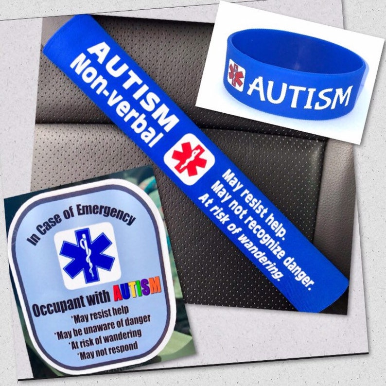 Autism Non-verbal 3 Piece Safety Kit Wristband Seat Belt Cover Window Decal image 1