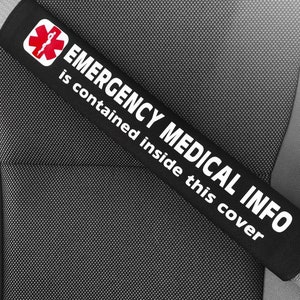 Qualsiasi condizione medica - Copertura per cintura di sicurezza con avviso medico - Con tasca e foglio informativo medico