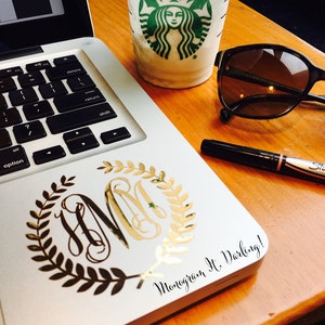 Gold Foil Monogram Laurel Wreath Monogram Decal Sticker - Laptop, iPhone, iPad, Planner