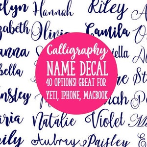 May include: A pink circle with the text "Calligraphy NAME DECAL 40 OPTIONS! GREAT FOR YETI, IPHONE, MACBOOK" in white. Surrounding the circle are 40 different names written in a navy blue cursive font.