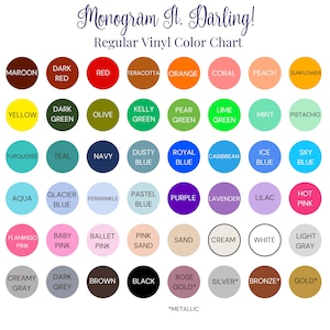 May include: Color chart showing 36 different vinyl colors for crafting and personalization projects. Colors include maroon, red, orange, yellow, green, blue, purple, pink, brown, black, white, gray, and metallics.