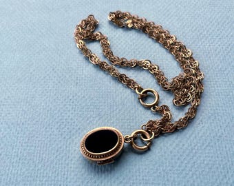 Antique Victorian Watch Fob Chain & Double-Sided Locket.  Gold Filled with Carnelian and Onyx.