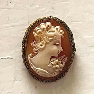 May include: Oval cameo brooch featuring a profile of a woman with curly hair and a flower. The cameo is cream-colored, set against a reddish-brown background, and framed by a gold-colored metal border. A classic piece of jewelry.