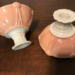 Light the Way!  Vintage Anchor Hocking Vitrock Glass 2 pc. Pink/White Oyster & Pearl Milk Glass Candleholders